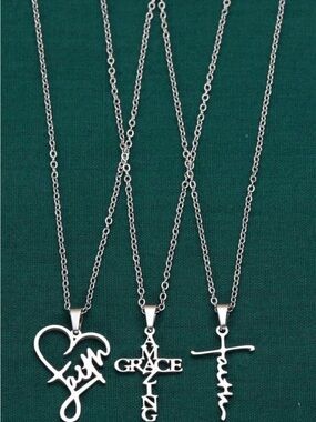 Silver Tone Faith-Themed Pendant Set of 3 Necklaces Amazing Grace Cross Style